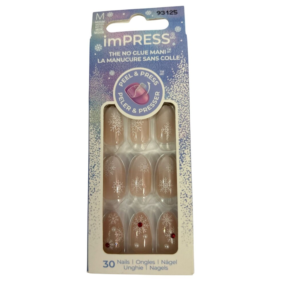 imPRESS Press-On Manicure Timeless Carols Medium Nails – 30 Ct Winter Snowflakes